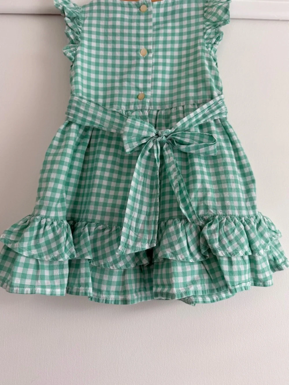Chaps Toddler Girls 18M Green Gingham Dress Ruffle Hem Floral Detail - Picture 11 of 14